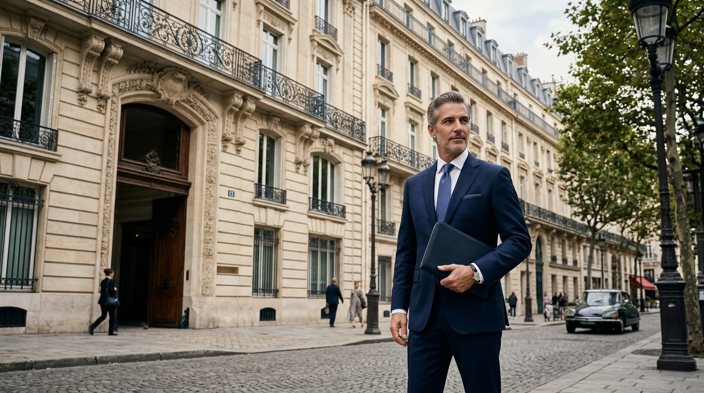 Votre Adresse Professionnelle à Paris, Active Immédiatement — adresse parisienne prestigieuse, dirigeant en costume devant un immeuble haussmannien