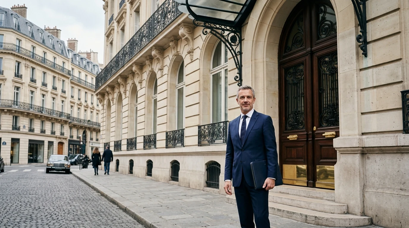 FAQ Domiciliation d'entreprise à Paris : Vos Questions, Nos Réponses — adresse parisienne prestigieuse, dirigeant en costume devant un immeuble haussmannien