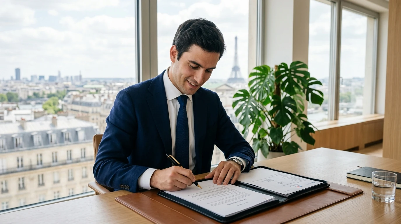 Choisir sa Forme Juridique à Paris : Guide Complet 2026 — entrepreneur signant ses statuts dans un bureau parisien