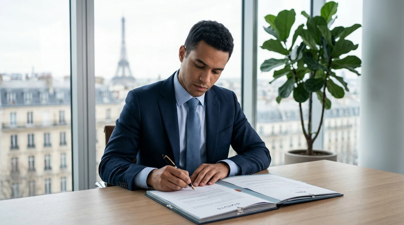 Créer sa SASU à Paris : Le Guide Complet 2026 — entrepreneur signant ses statuts SASU dans un bureau parisien