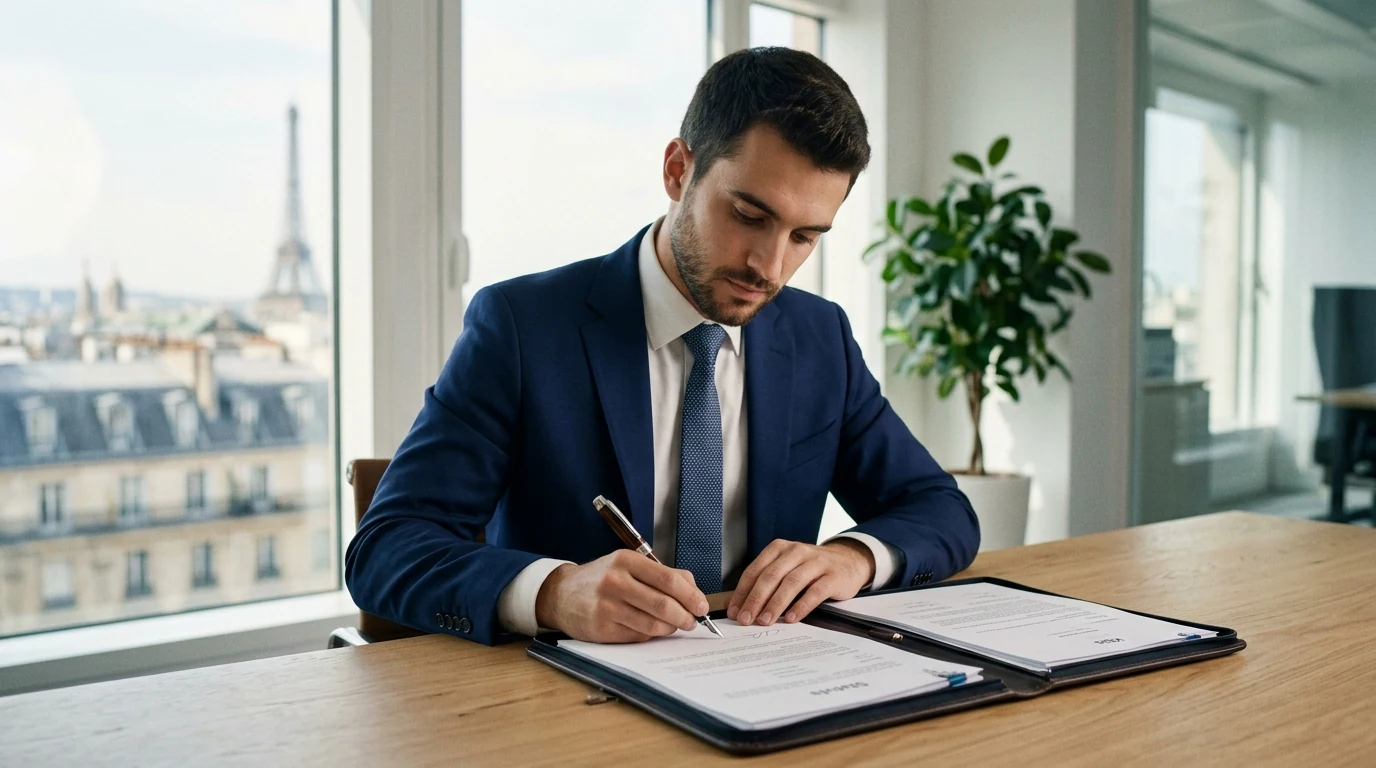 Choisir sa Raison Sociale : Guide Complet pour Entrepreneurs — entrepreneur signant ses statuts dans un bureau parisien