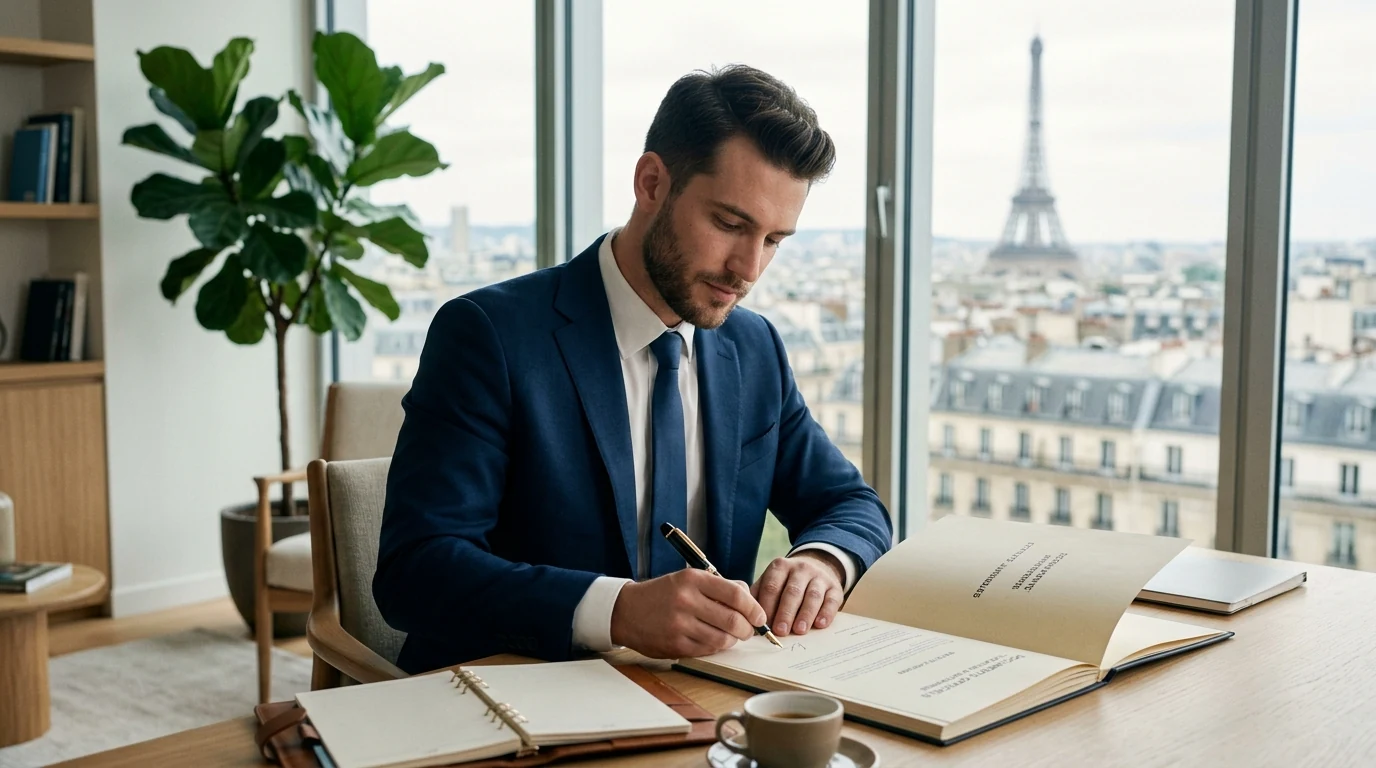 Créer son entreprise à Paris : quel statut juridique choisir en 2026 ? — entrepreneur signant ses statuts dans un bureau parisien
