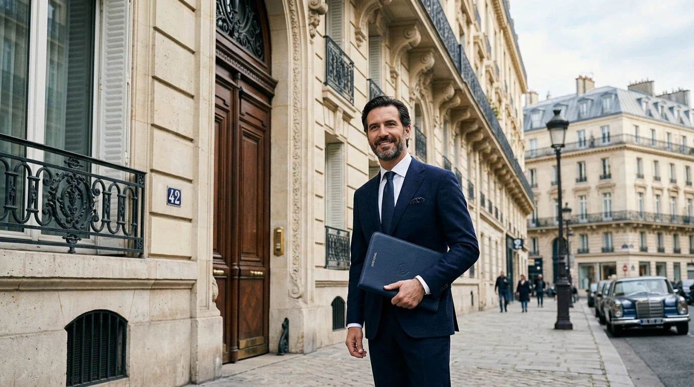 Choisir son Siège Social à Paris : Guide Complet — adresse parisienne prestigieuse, dirigeant en costume devant un immeuble haussmannien