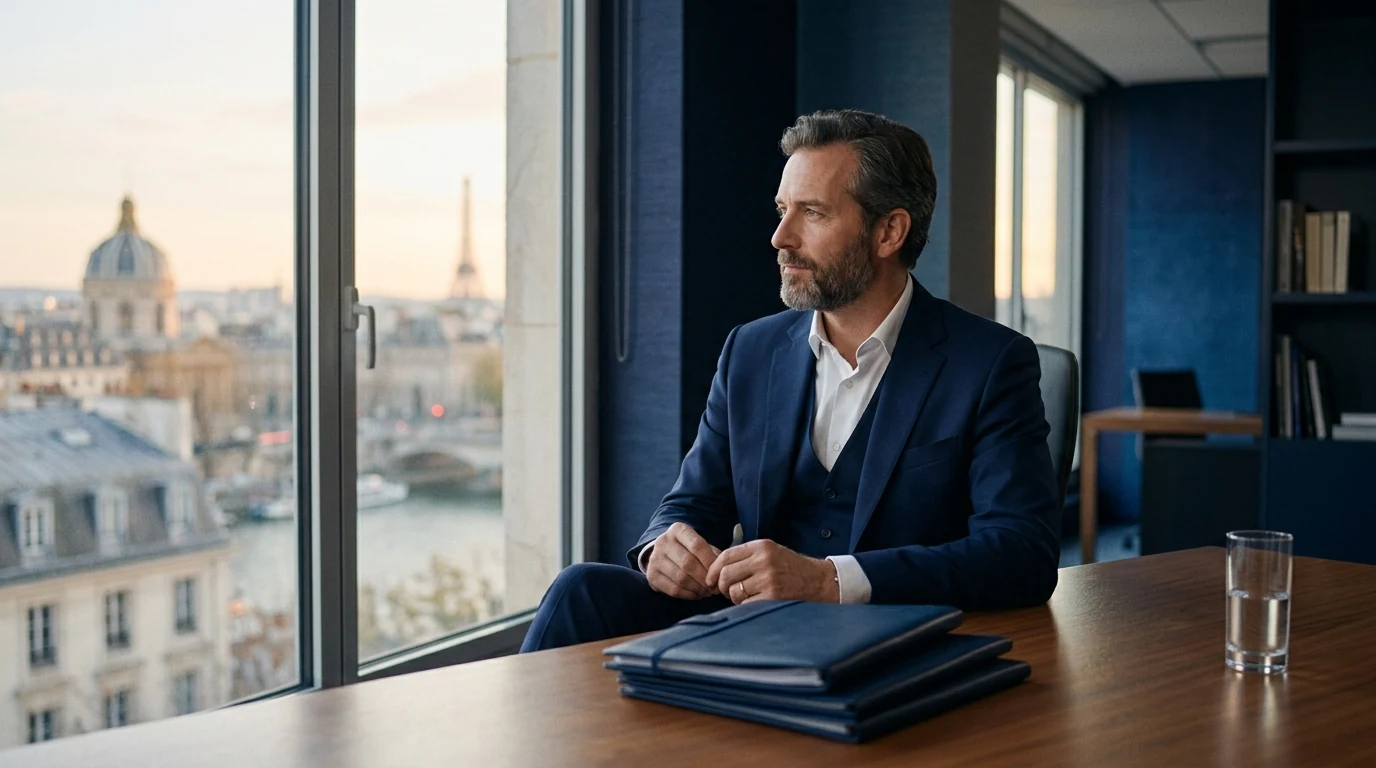 Dissoudre sa SASU à Paris : Démarches Simplifiées 2026 — dirigeant pensif clôturant les dossiers de sa société SASU