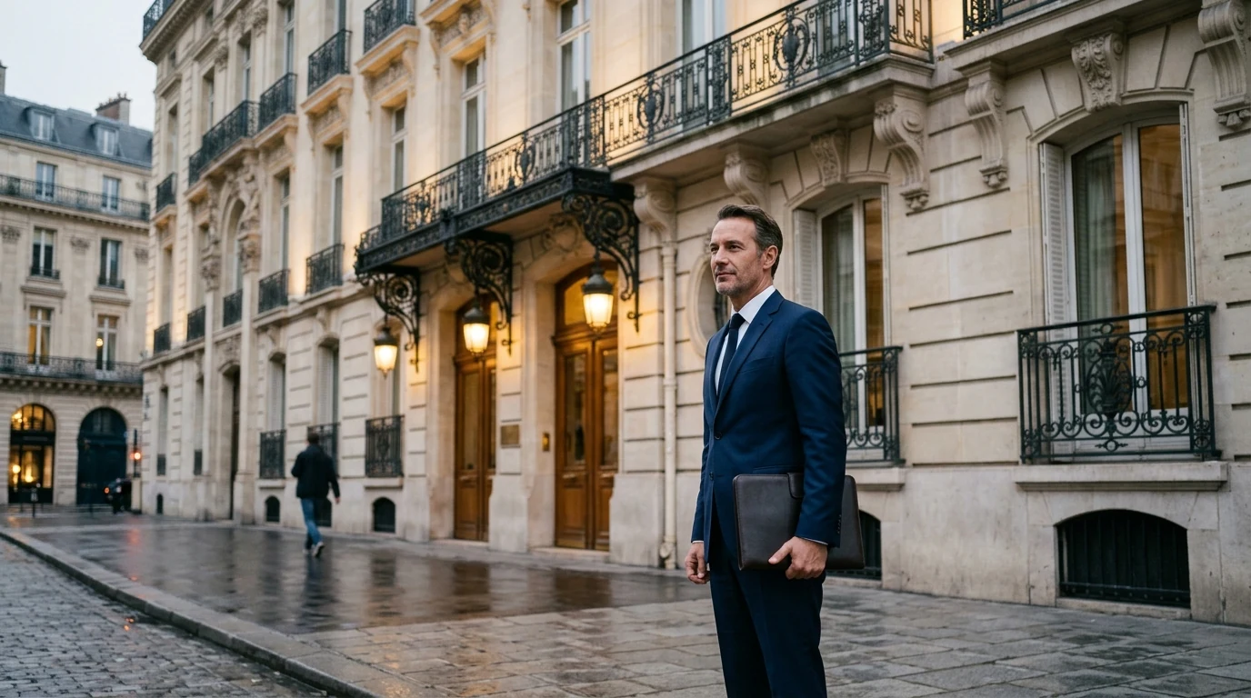 Tout savoir pour choisir votre formule de domiciliation à Paris — adresse parisienne prestigieuse, dirigeant en costume devant un immeuble haussmannien