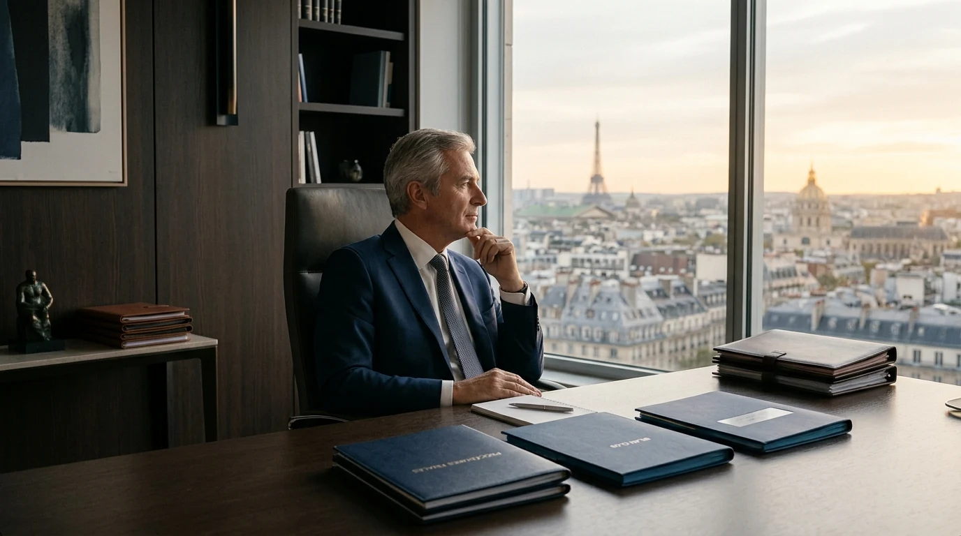 Dissolution Amiable de Société à Paris : Guide Complet 2026 — dirigeant pensif clôturant les dossiers de sa société
