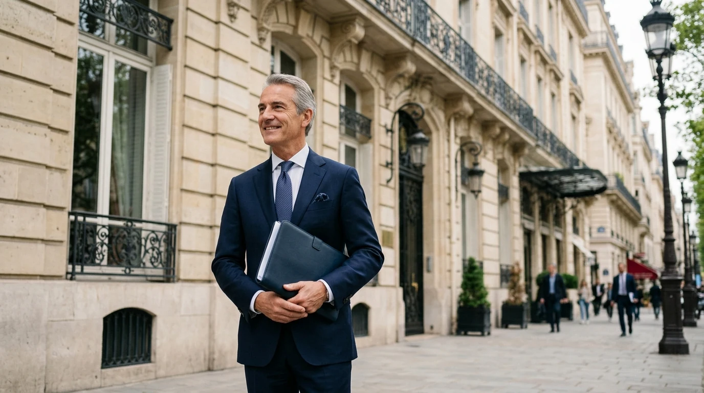 Physique ou virtuelle : quelle domiciliation parisienne propulsera votre entrepr — adresse parisienne prestigieuse, dirigeant en costume devant un immeuble haussmannien