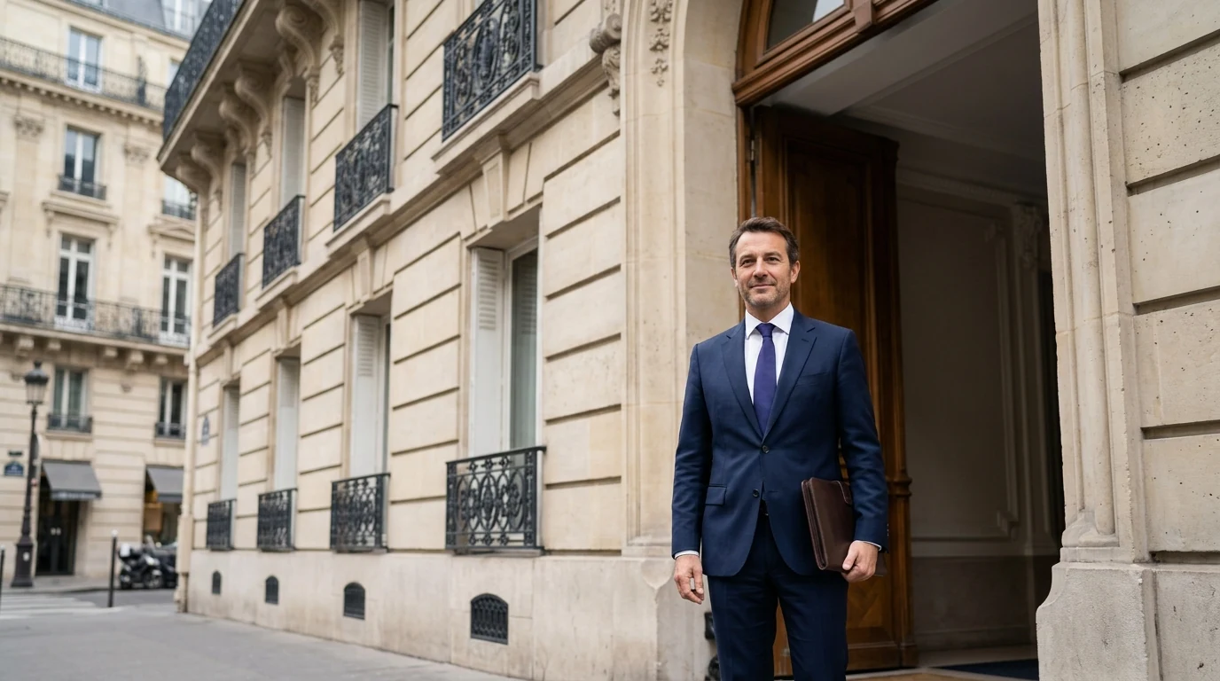 Votre SAS mérite une adresse parisienne à la hauteur de vos ambitions — adresse parisienne prestigieuse, dirigeant en costume devant un immeuble haussmannien