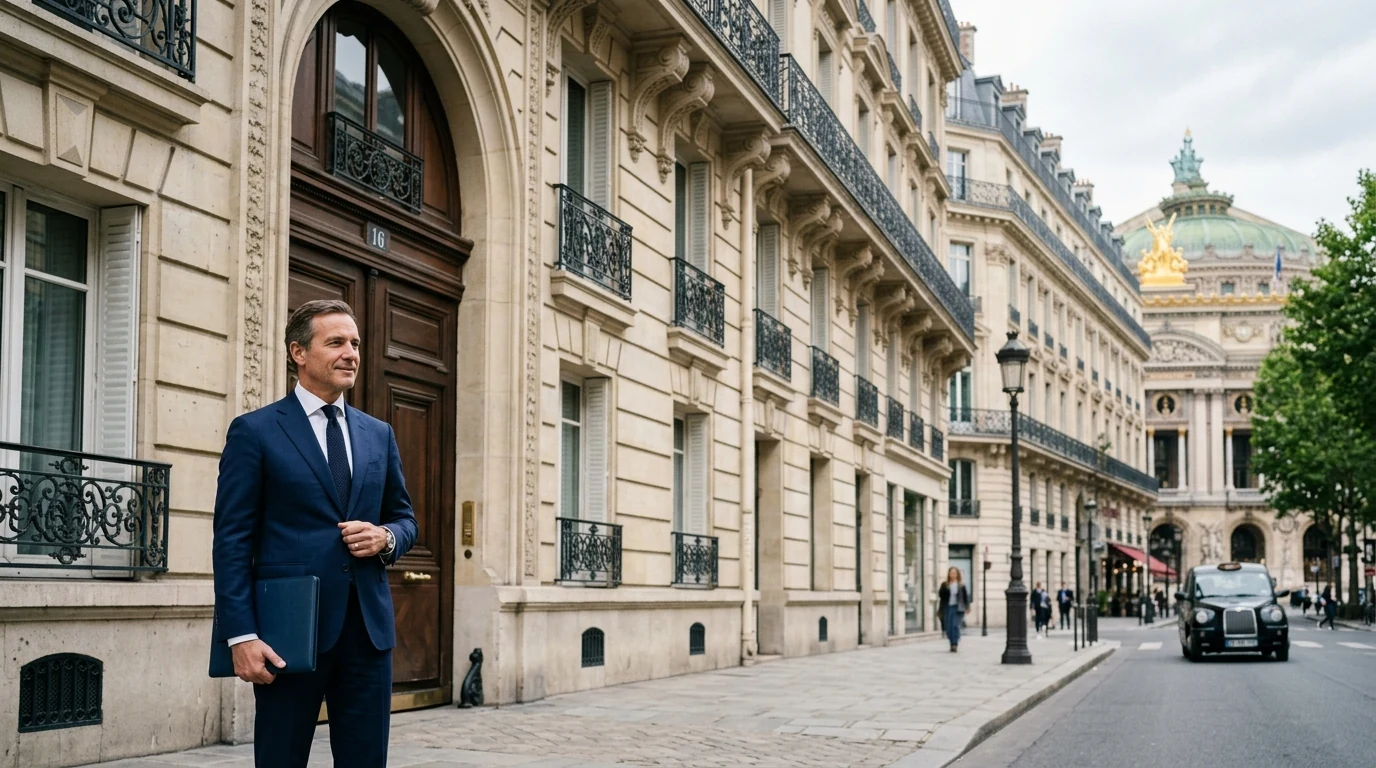 Comprendre la tarification d’une adresse professionnelle à Paris — adresse parisienne prestigieuse, dirigeant en costume devant un immeuble haussmannien