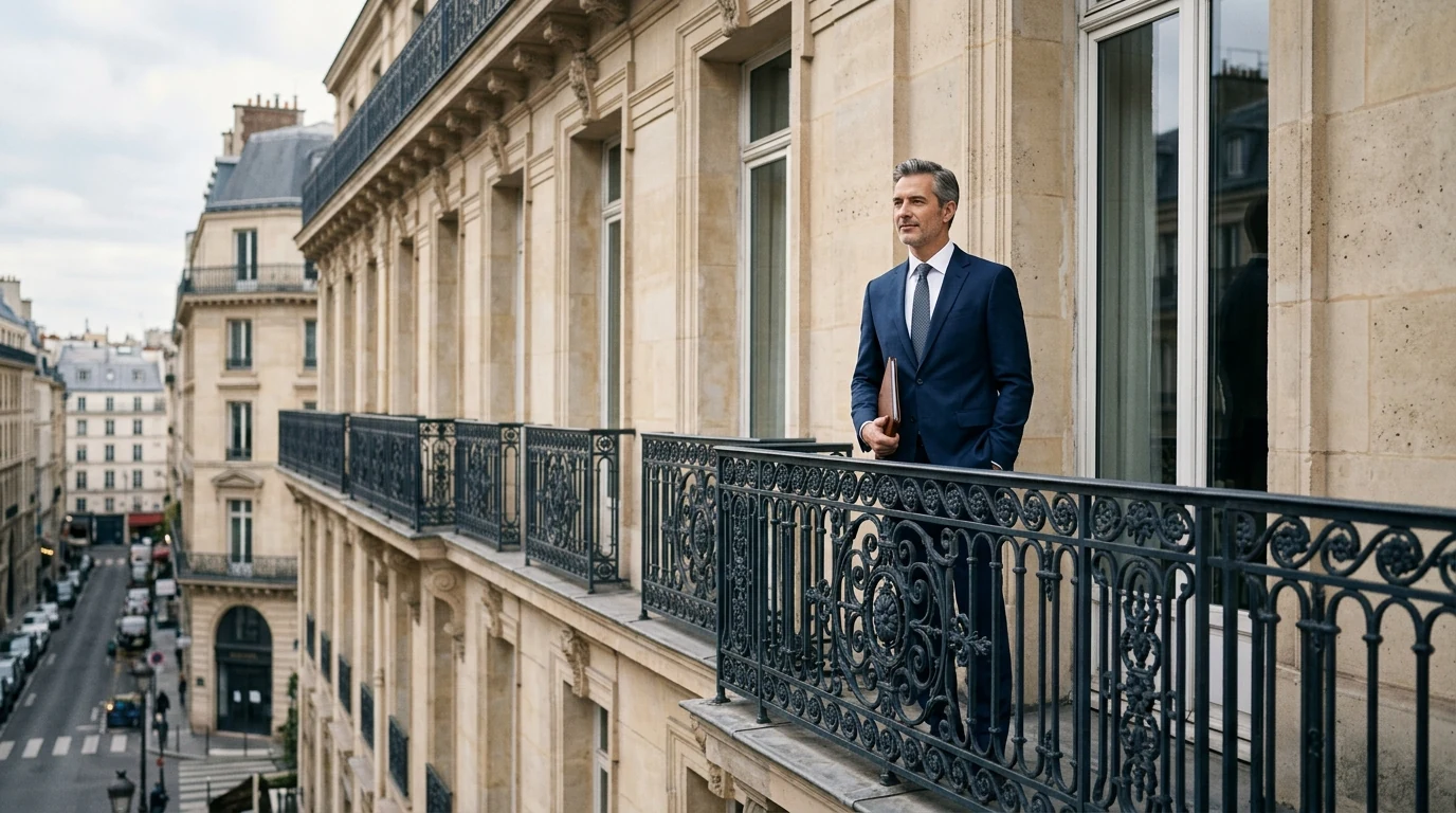 Adresse fiscale à Paris : la clé pour donner une vraie identité professionnelle — adresse parisienne prestigieuse, dirigeant en costume devant un immeuble haussmannien