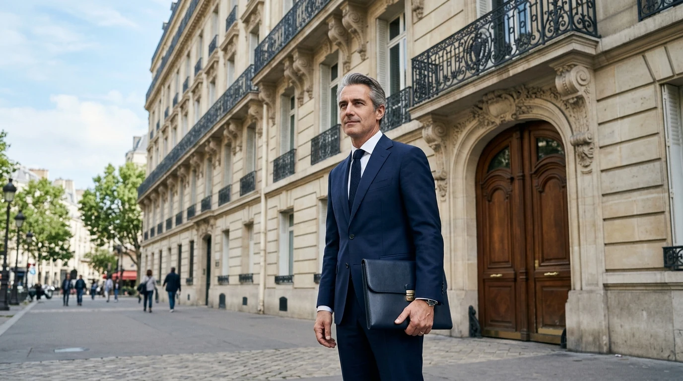 Domiciliation à Paris : les erreurs qui peuvent coûter cher à votre entreprise — adresse parisienne prestigieuse, dirigeant en costume devant un immeuble haussmannien