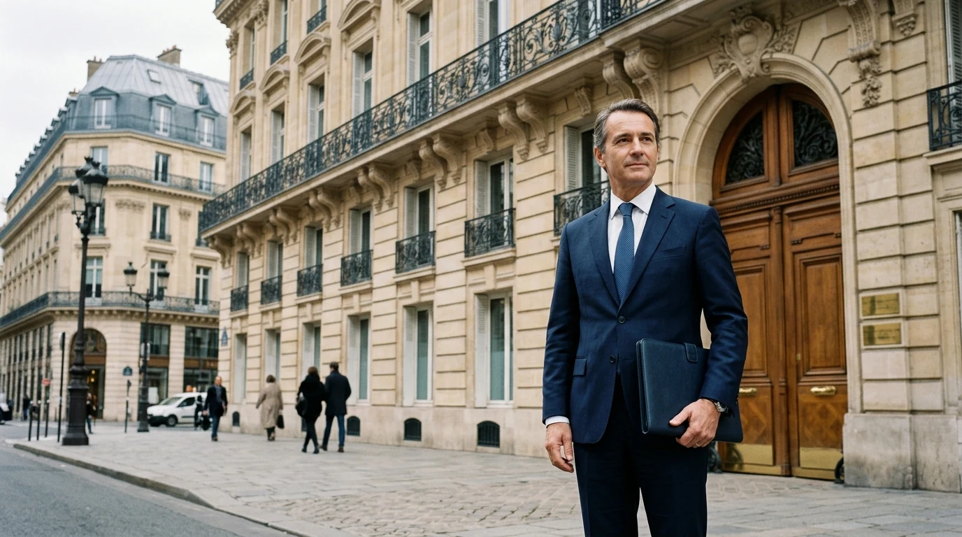 Bien choisir son adresse de domiciliation à Paris : le guide complet — adresse parisienne prestigieuse, dirigeant en costume devant un immeuble haussmannien