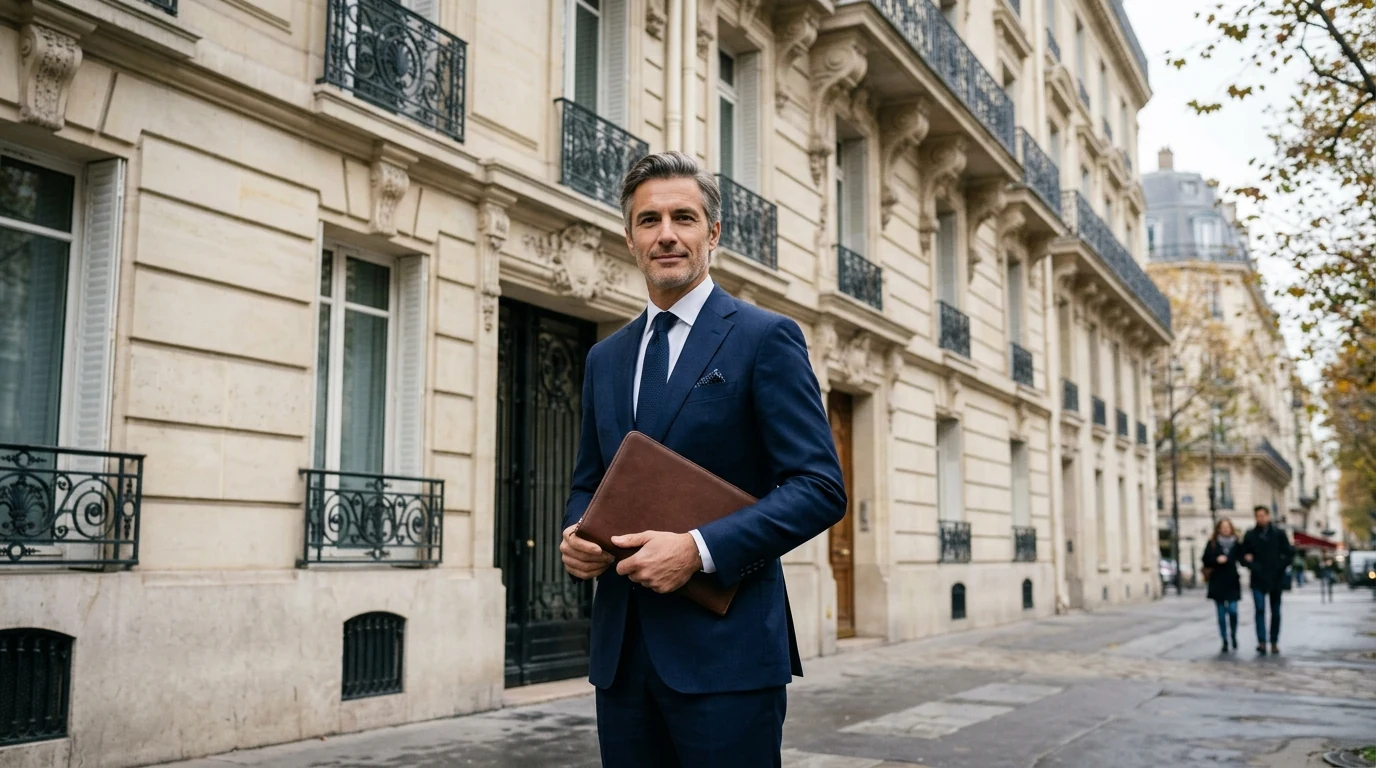 Domiciliation à Paris : les avantages clés qui transforment votre entreprise — adresse parisienne prestigieuse, dirigeant en costume devant un immeuble haussmannien