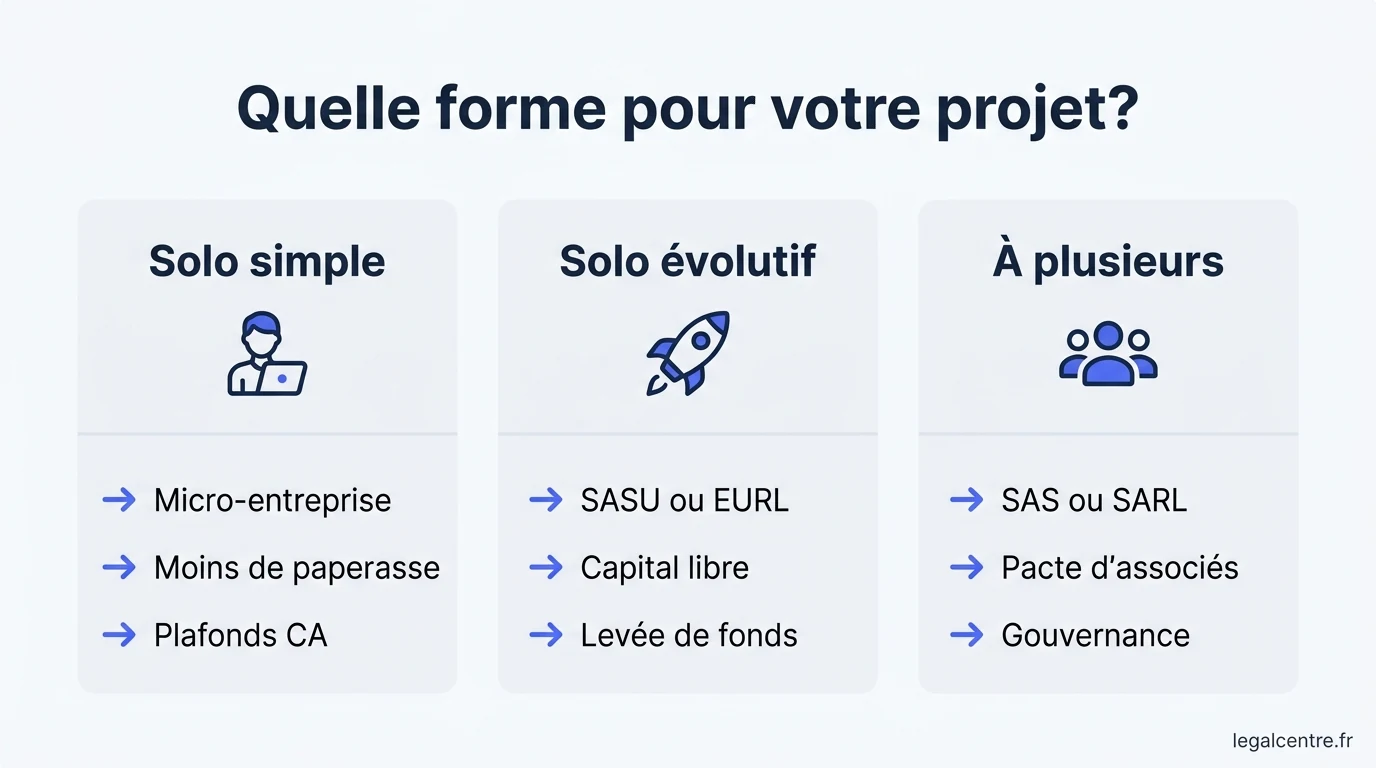Infographie : Quelle forme pour votre projet ? — Choisir sa Forme Juridique à Paris : Guide Complet 2026