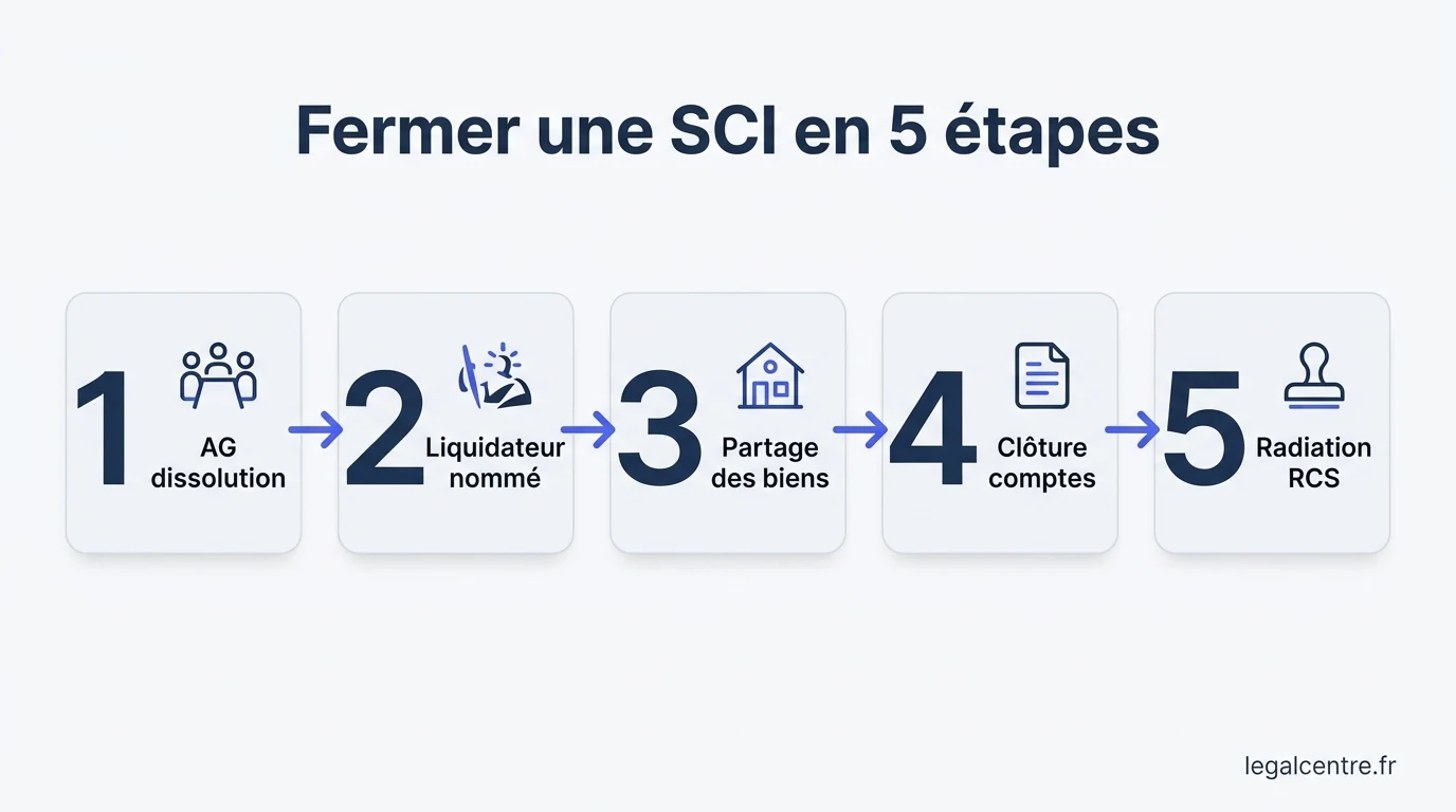 Infographie : Fermer une SCI en 5 étapes — Fermer sa SCI à Paris : Guide Complet et Simplifié 2026