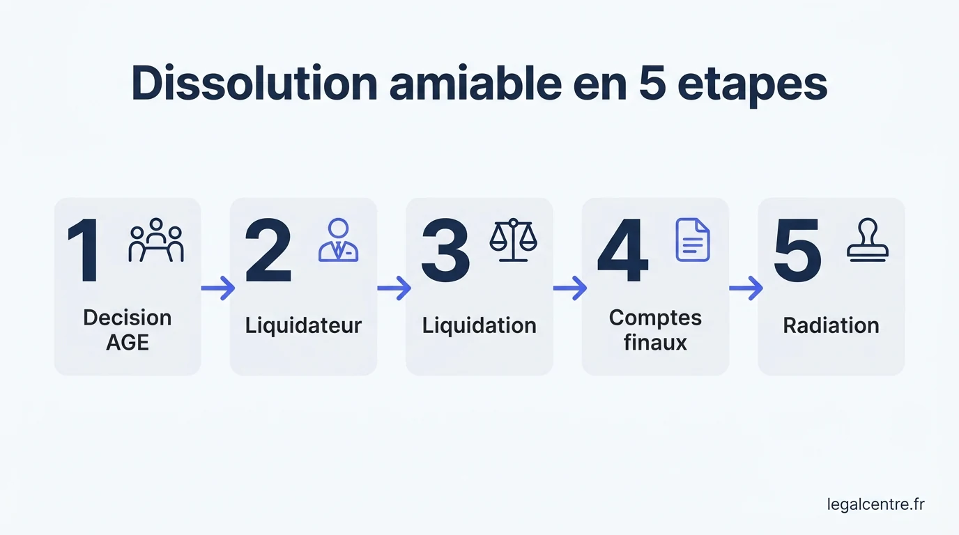 Infographie : Dissolution amiable en 5 étapes — Dissolution Amiable de Société à Paris : Guide Complet 2026