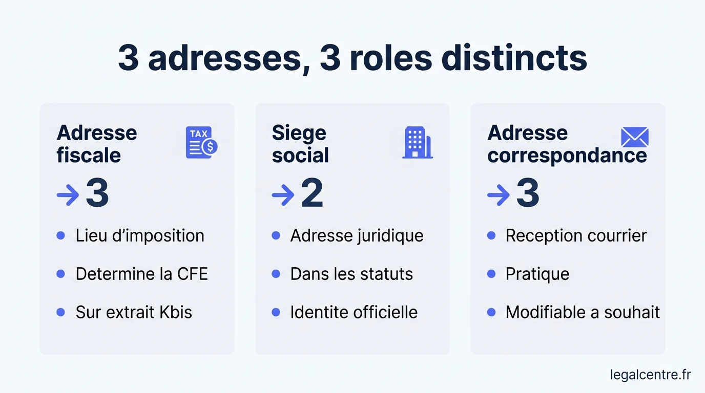 Infographie : 3 adresses, 3 rôles distincts — Adresse fiscale à Paris : la clé pour donner une vraie ident