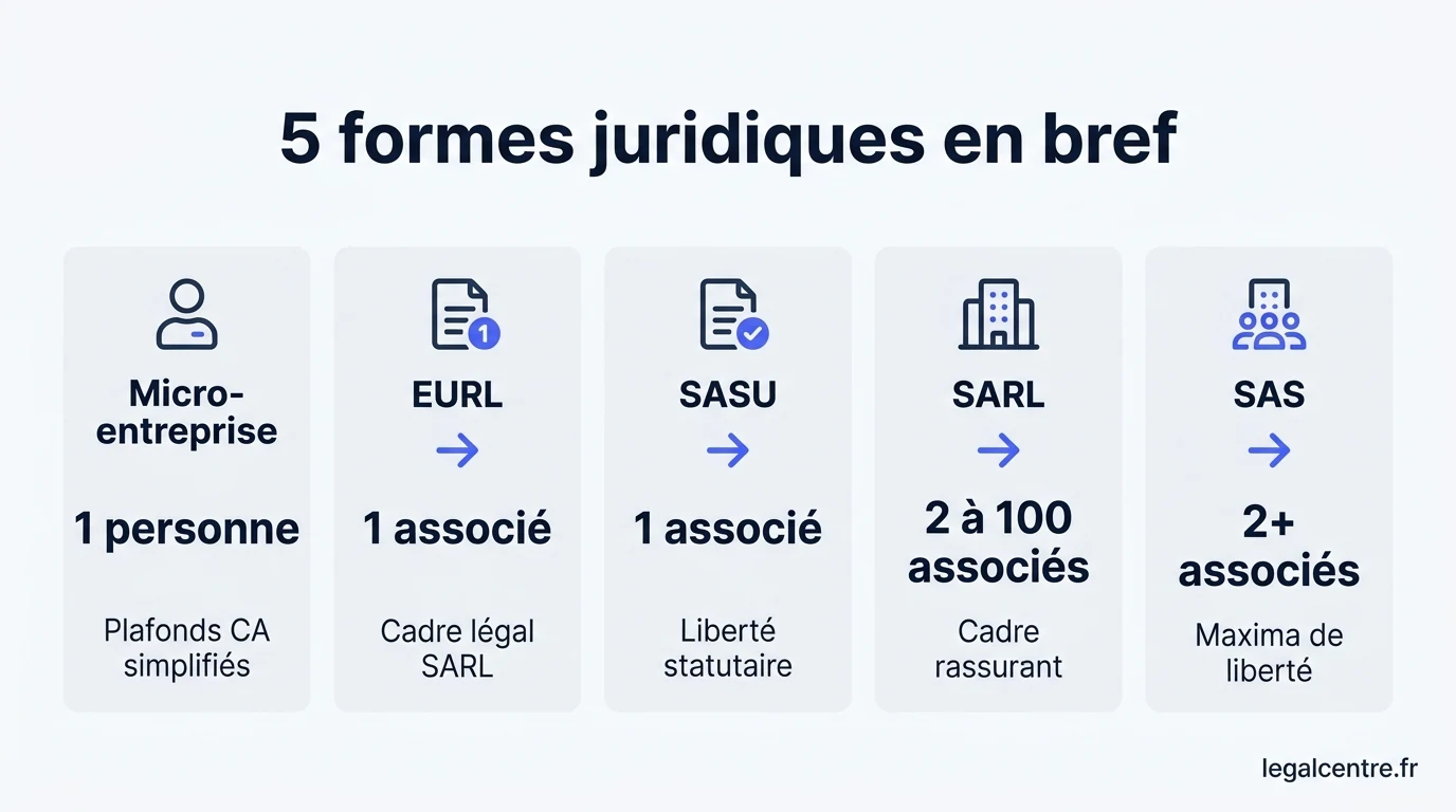 Infographie : 5 formes juridiques en bref — Choisir sa Forme Juridique à Paris : Guide Complet 2026