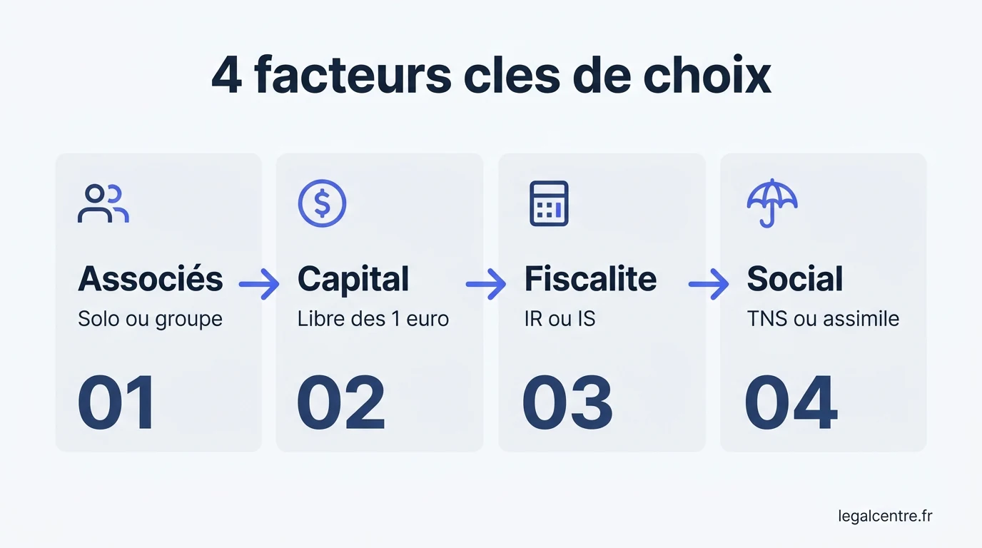 Infographie : 4 facteurs cles de choix — Créer son entreprise à Paris : quel statut juridique choisir