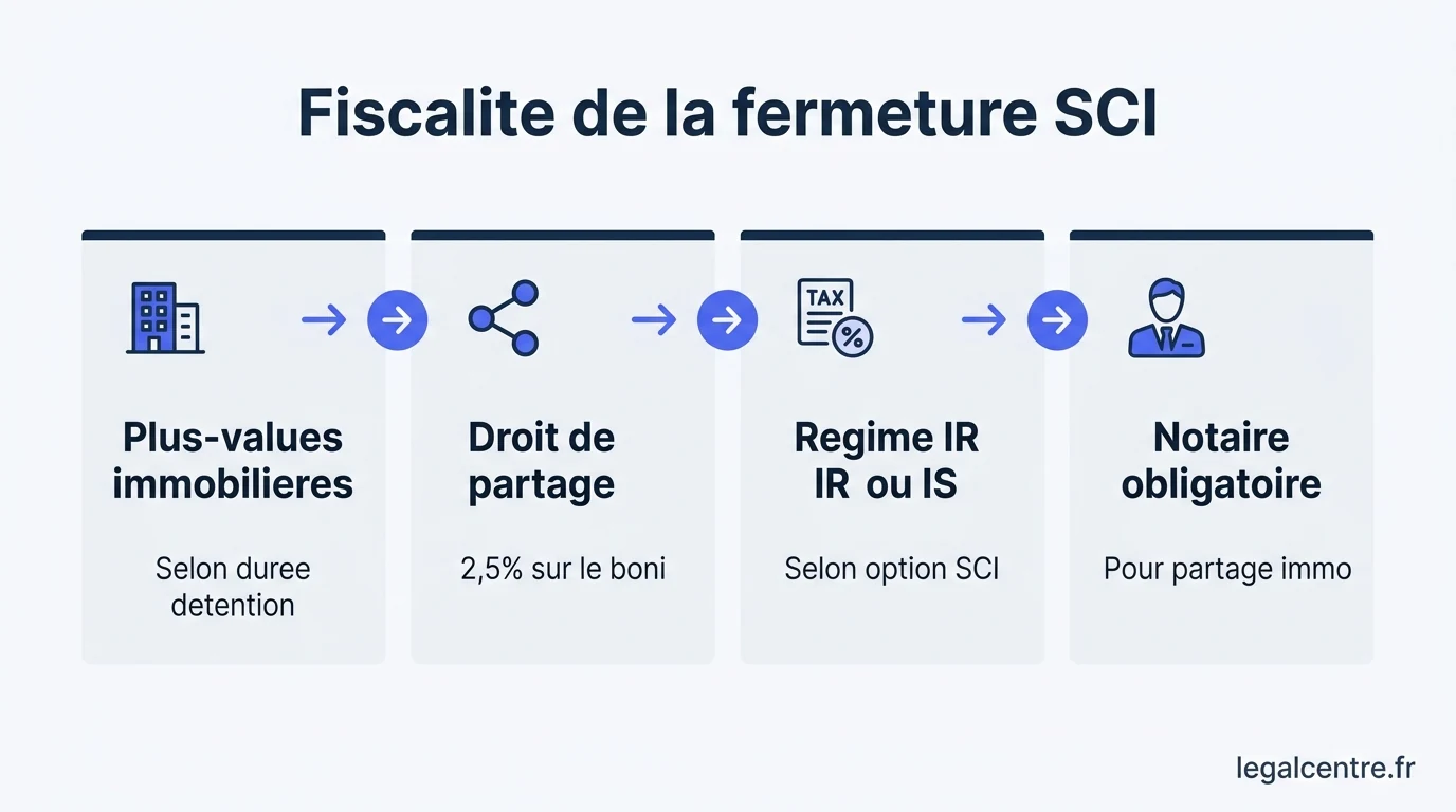 Infographie : Fiscalité de la fermeture SCI — Fermer sa SCI à Paris : Guide Complet et Simplifié 2026