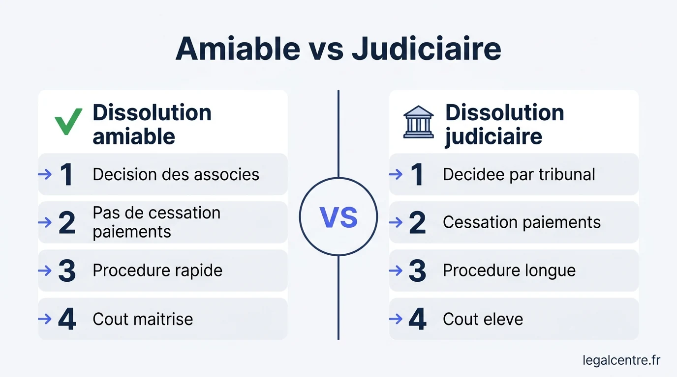 Infographie : Amiable vs Judiciaire — Dissolution Amiable de Société à Paris : Guide Complet 2026