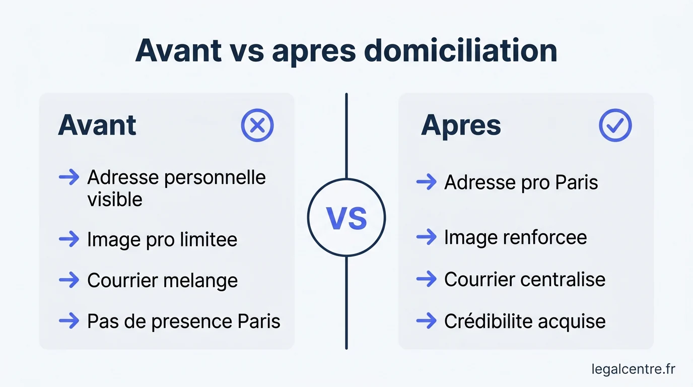 Infographie : Avant vs après domiciliation — Domiciliation à Paris : les avantages clés qui transforment