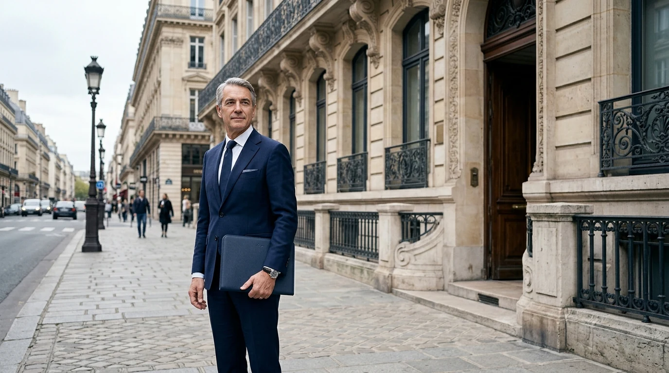 Domiciliation Paris pour TPE : le levier discret qui booste image, budget et fle — adresse parisienne prestigieuse, dirigeant en costume devant un immeuble haussmannien
