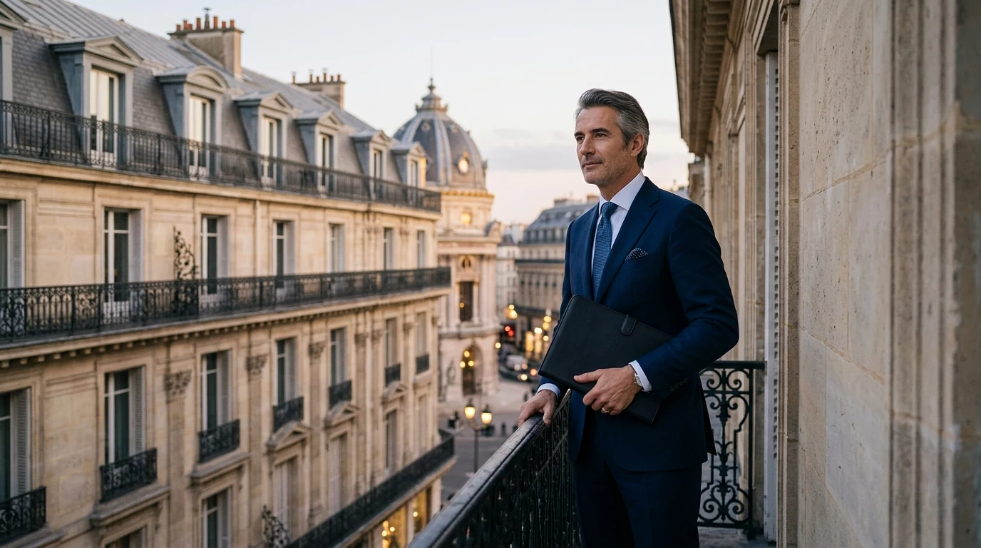 Fiscalité et domiciliation à Paris : tout comprendre pour piloter sereinement vo — adresse parisienne prestigieuse, dirigeant en costume devant un immeuble haussmannien