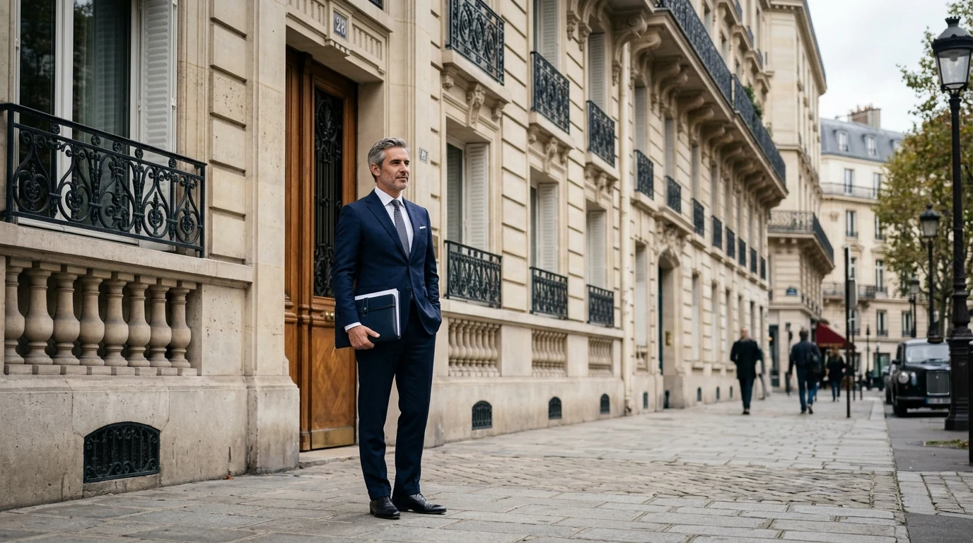 Quatre alternatives intelligentes au bail commercial pour installer son siège so — adresse parisienne prestigieuse, dirigeant en costume devant un immeuble haussmannien