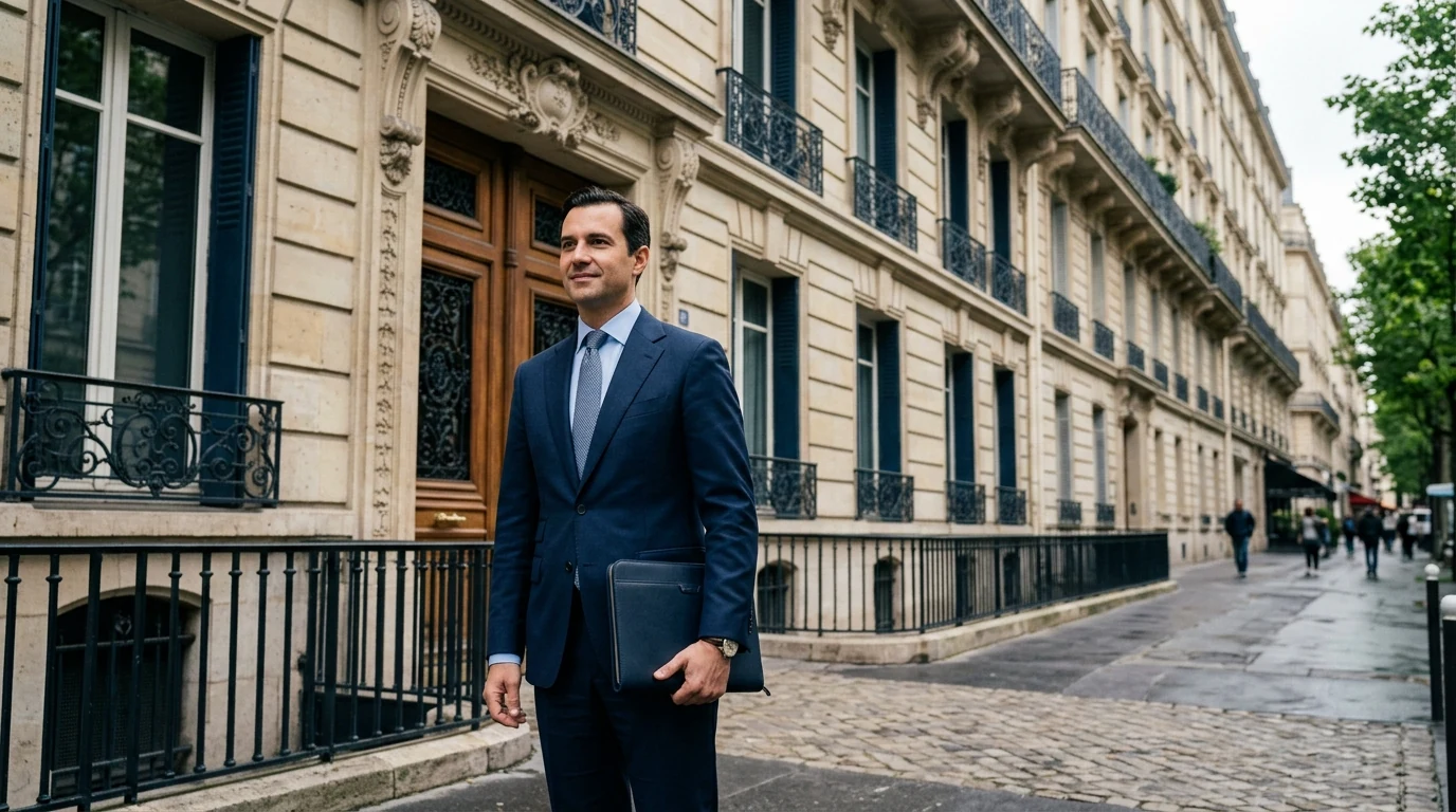 Comparatif domiciliation Paris 2026 : la grille décisionnelle pour choisir la bo — adresse parisienne prestigieuse, dirigeant en costume devant un immeuble haussmannien
