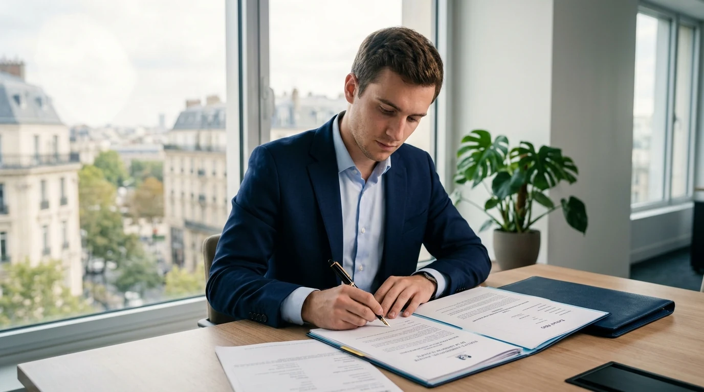 Création SASU à Paris : 5 décisions stratégiques validées par nos experts — entrepreneur signant ses statuts SASU dans un bureau parisien