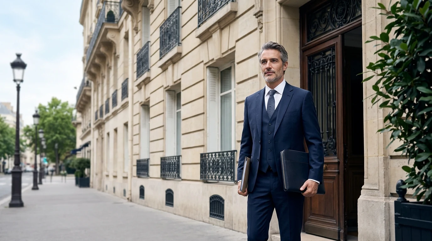 Transférer son siège social à Paris : la procédure complète, étape par étape — adresse parisienne prestigieuse, dirigeant en costume devant un immeuble haussmannien