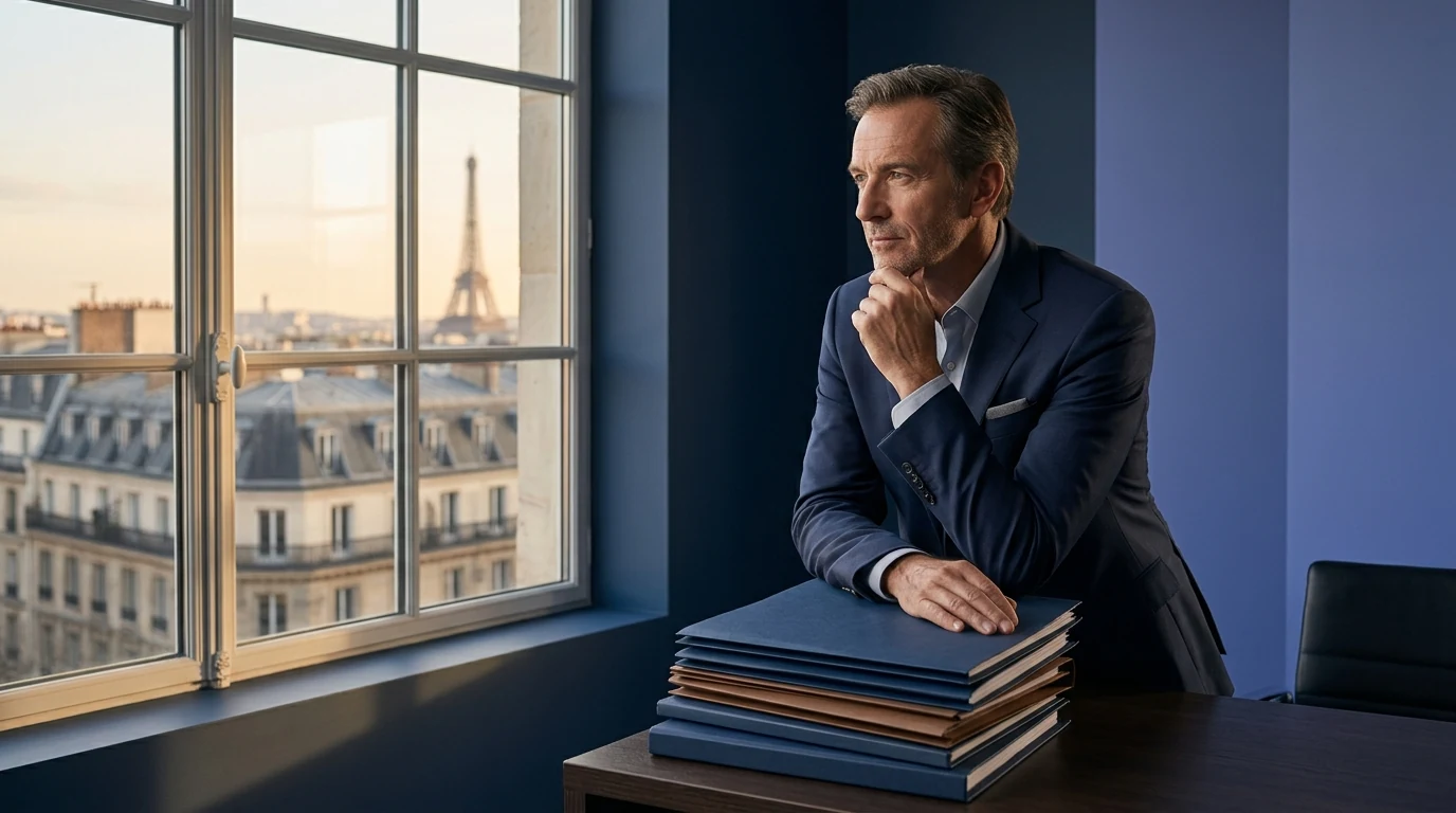 Société en difficulté à Paris : quatre niveaux d’action pour reprendre la  — dirigeant pensif clôturant les dossiers de sa société