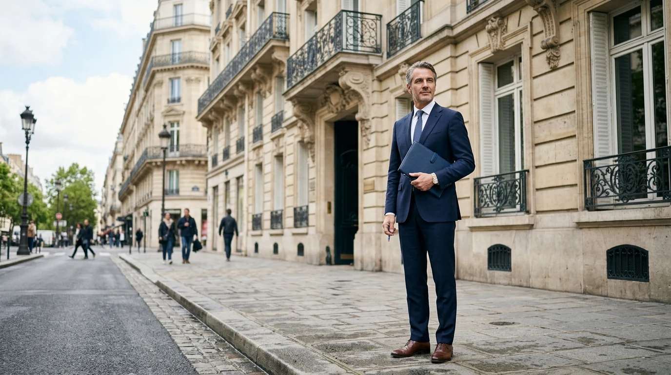 Nommer son Liquidateur à Paris : Profils, Missions, Responsabilités — adresse parisienne prestigieuse, dirigeant en costume devant un immeuble haussmannien