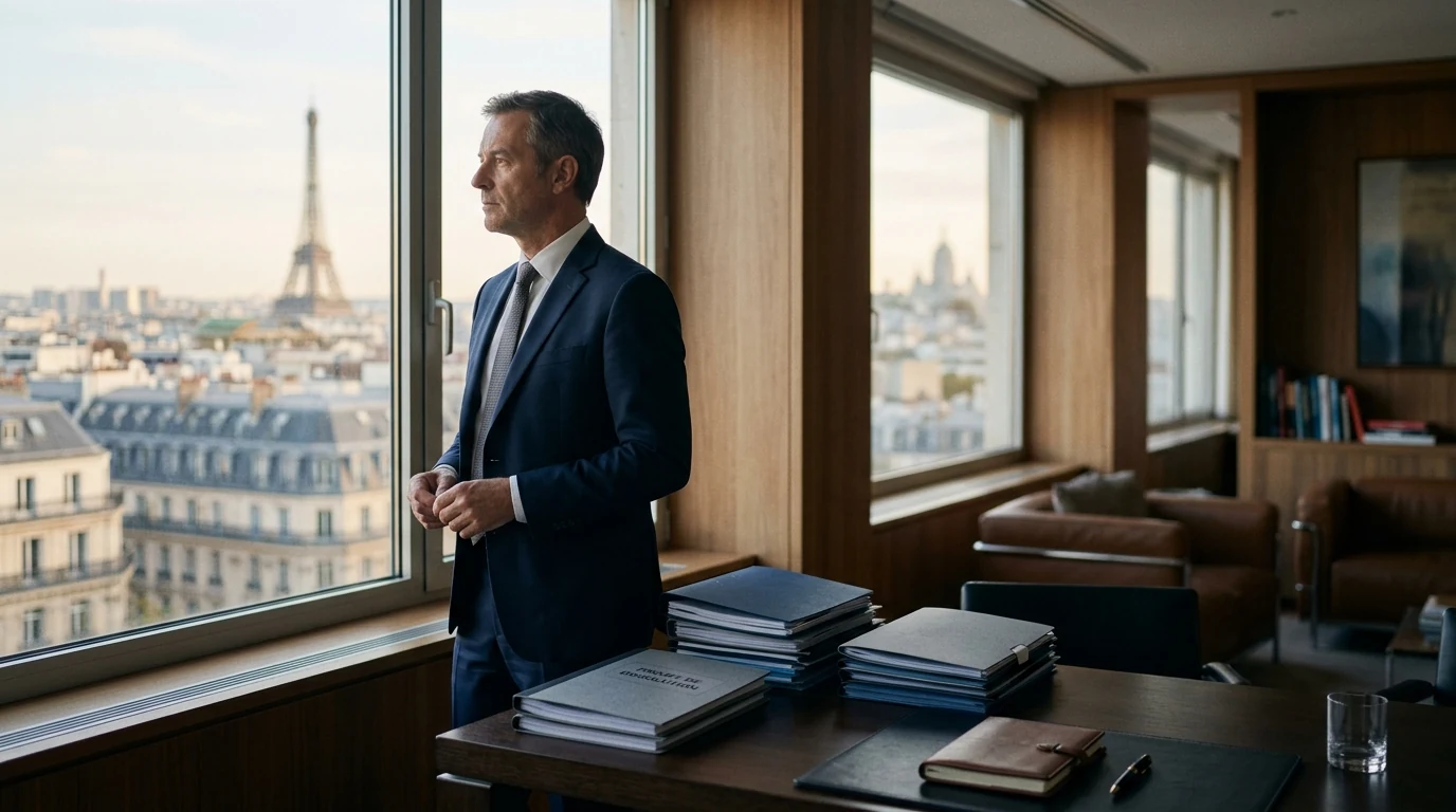 Fermer sa holding parisienne en 2026 : enjeux, filiales et fiscalité — dirigeant pensif clôturant les dossiers de sa société