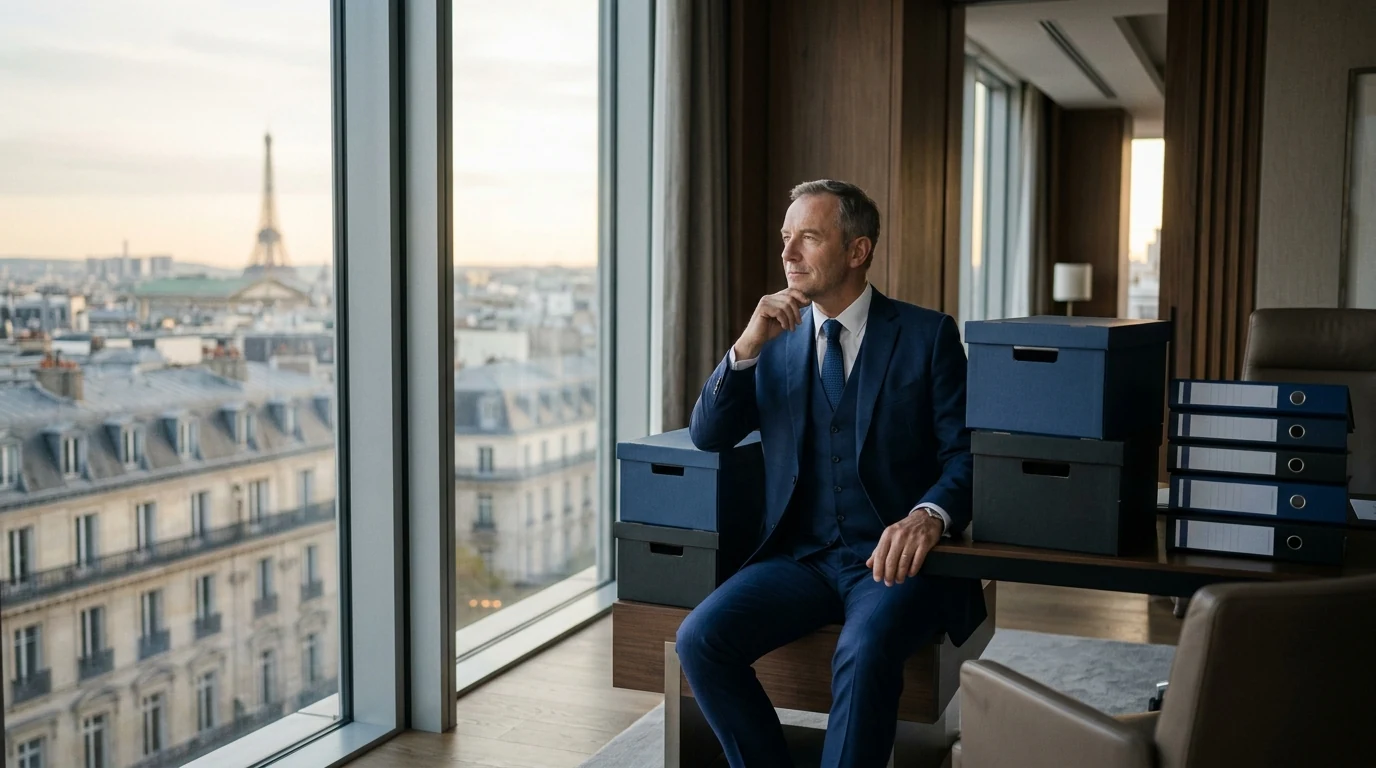 Fermeture d’Entreprise Individuelle à Paris : Guide 2026 — dirigeant pensif clôturant les dossiers de sa société