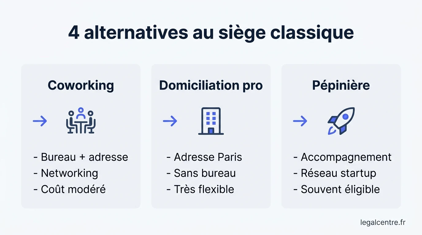 Infographie : 4 alternatives au siège classique — Quatre alternatives intelligentes au bail commercial pour in