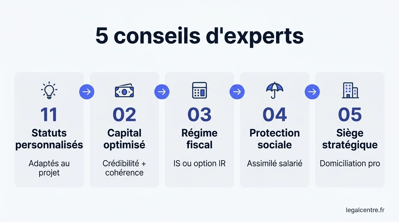 Infographie : 5 conseils d'experts — Création SASU à Paris : 5 décisions stratégiques validées pa