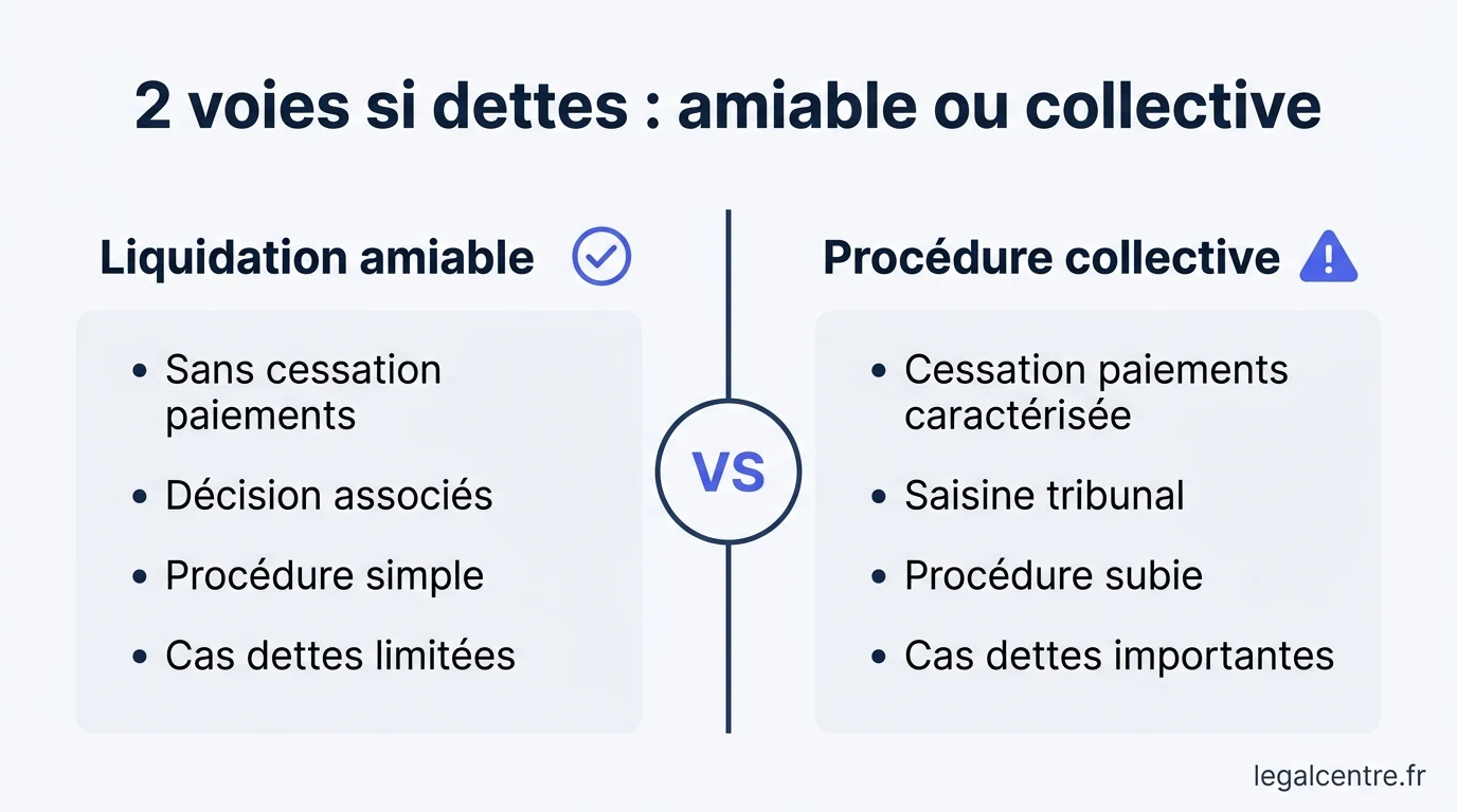 Infographie : 2 voies si dettes : amiable ou collective — Fermer une Société avec Dettes à Paris : Les Voies Légales e