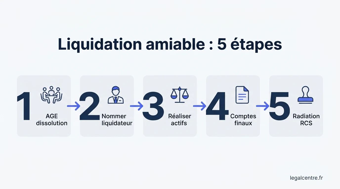 Infographie : Liquidation amiable : 5 étapes — Liquidation Amiable à Paris : Le Parcours en 5 Étapes pour C