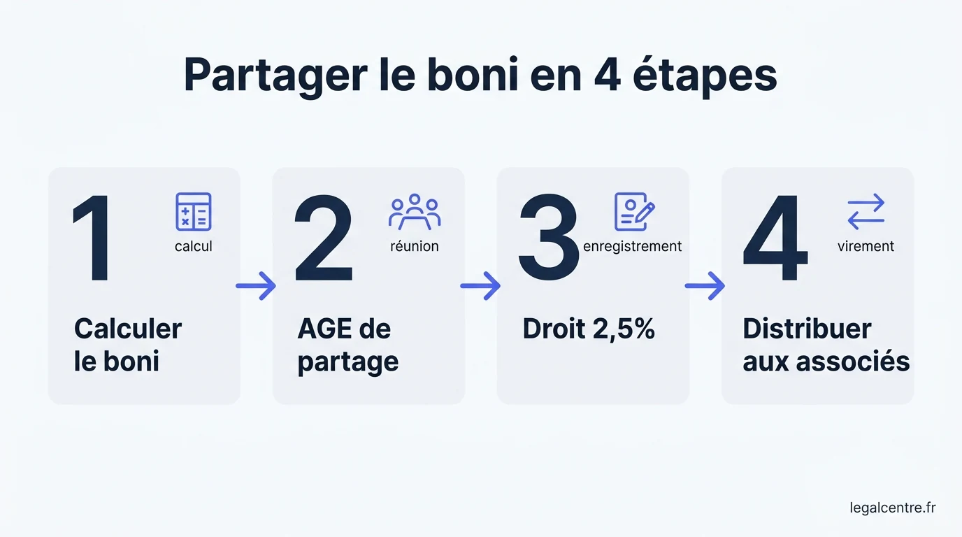 Infographie : Partager le boni en 4 étapes — Distribuer équitablement le surplus : ce que dit la loi en 2