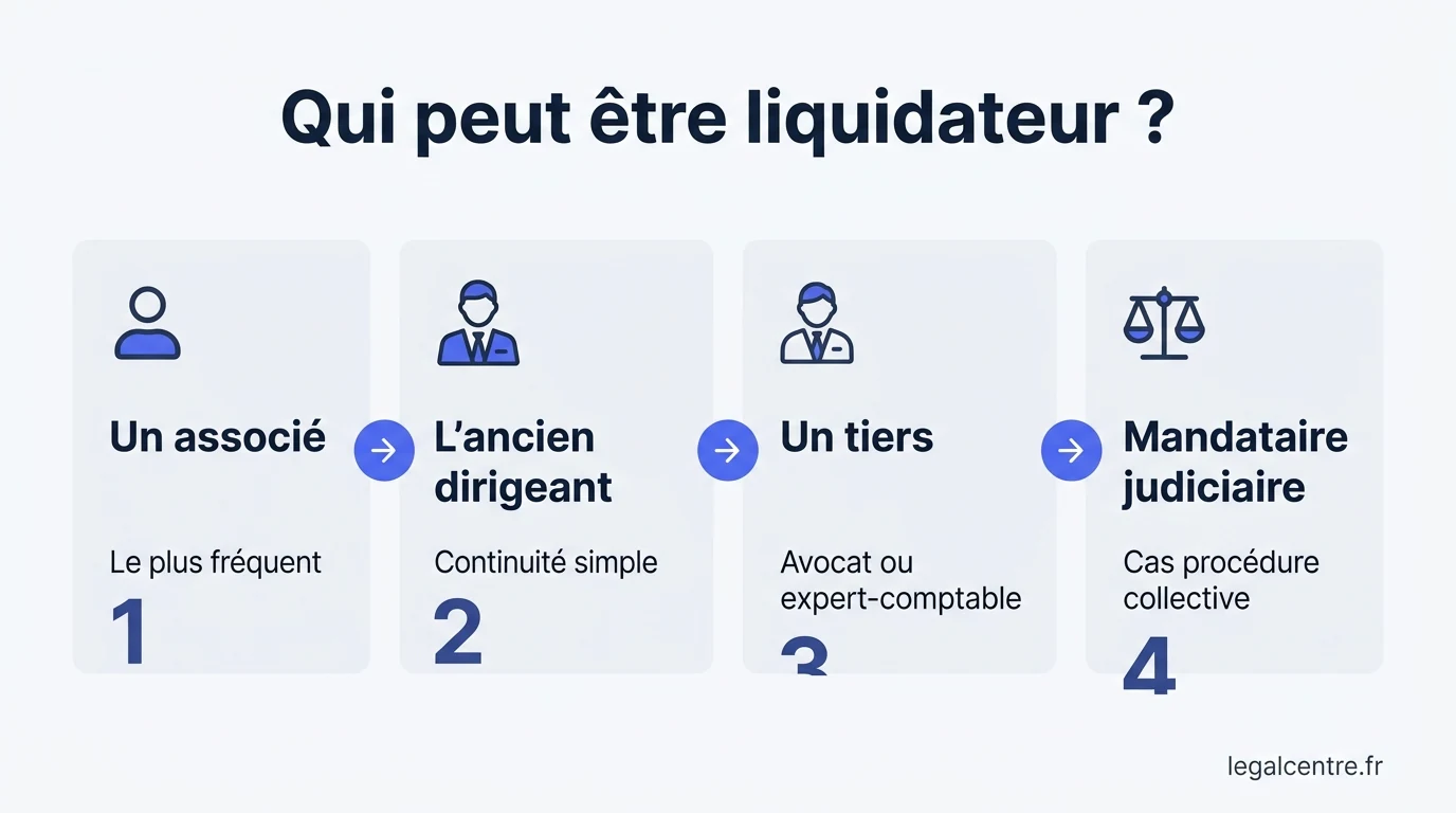Infographie : Qui peut être liquidateur ? — Nommer son Liquidateur à Paris : Profils, Missions, Responsa