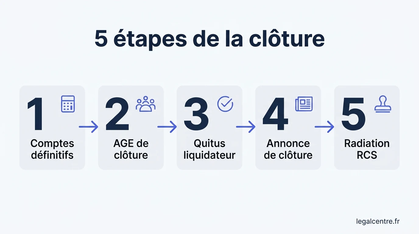 Infographie : 5 étapes de la clôture — Clôture de Liquidation à Paris : Dernières Étapes 2026