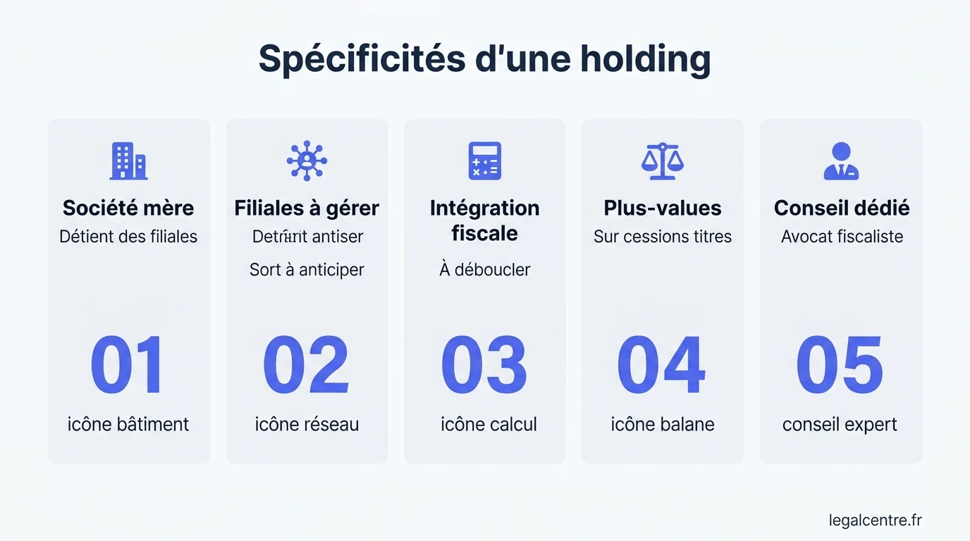 Infographie : Spécificités d'une holding — Fermer sa holding parisienne en 2026 : enjeux, filiales et f