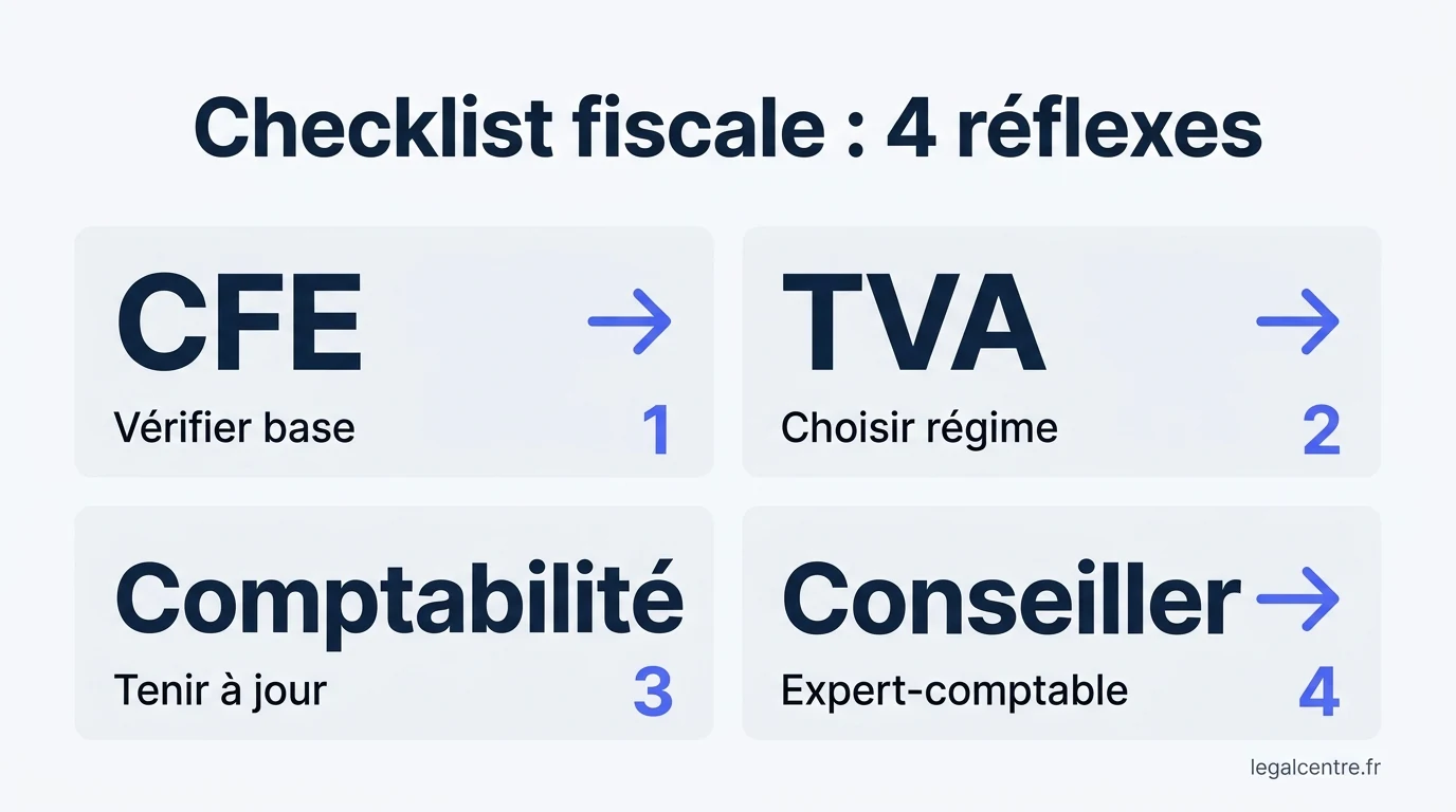 Infographie : Checklist fiscale : 4 réflexes — Fiscalité et domiciliation à Paris : tout comprendre pour pi