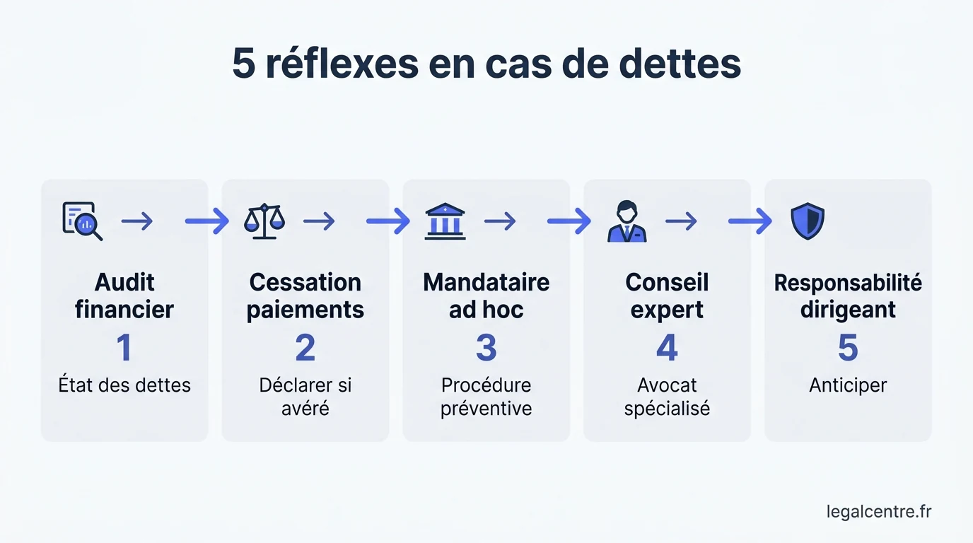 Infographie : 5 réflexes en cas de dettes — Fermer une Société avec Dettes à Paris : Les Voies Légales e