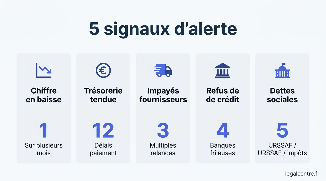 Infographie : 5 signaux d'alerte — Société en difficulté à Paris : quatre niveaux d’actio