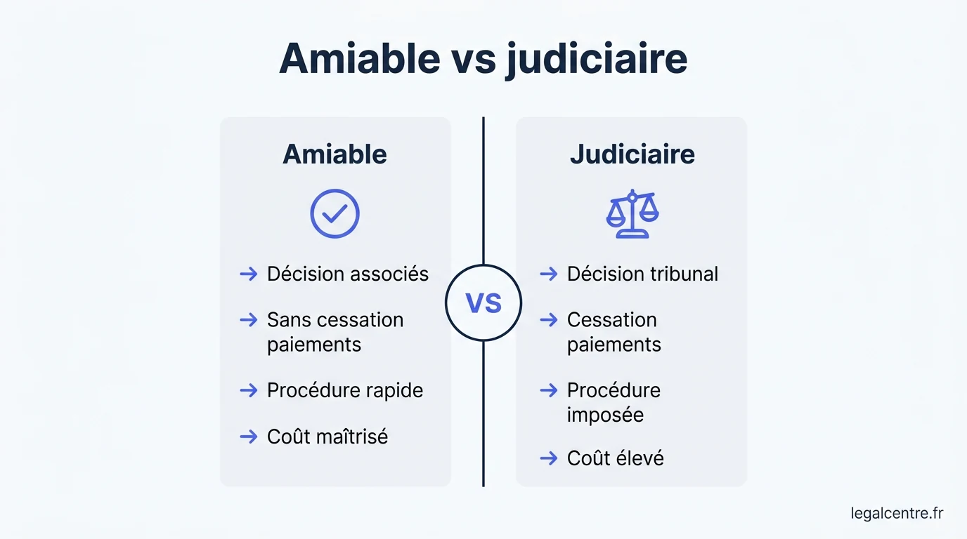 Infographie : Amiable vs judiciaire — Liquidation Amiable à Paris : Le Parcours en 5 Étapes pour C