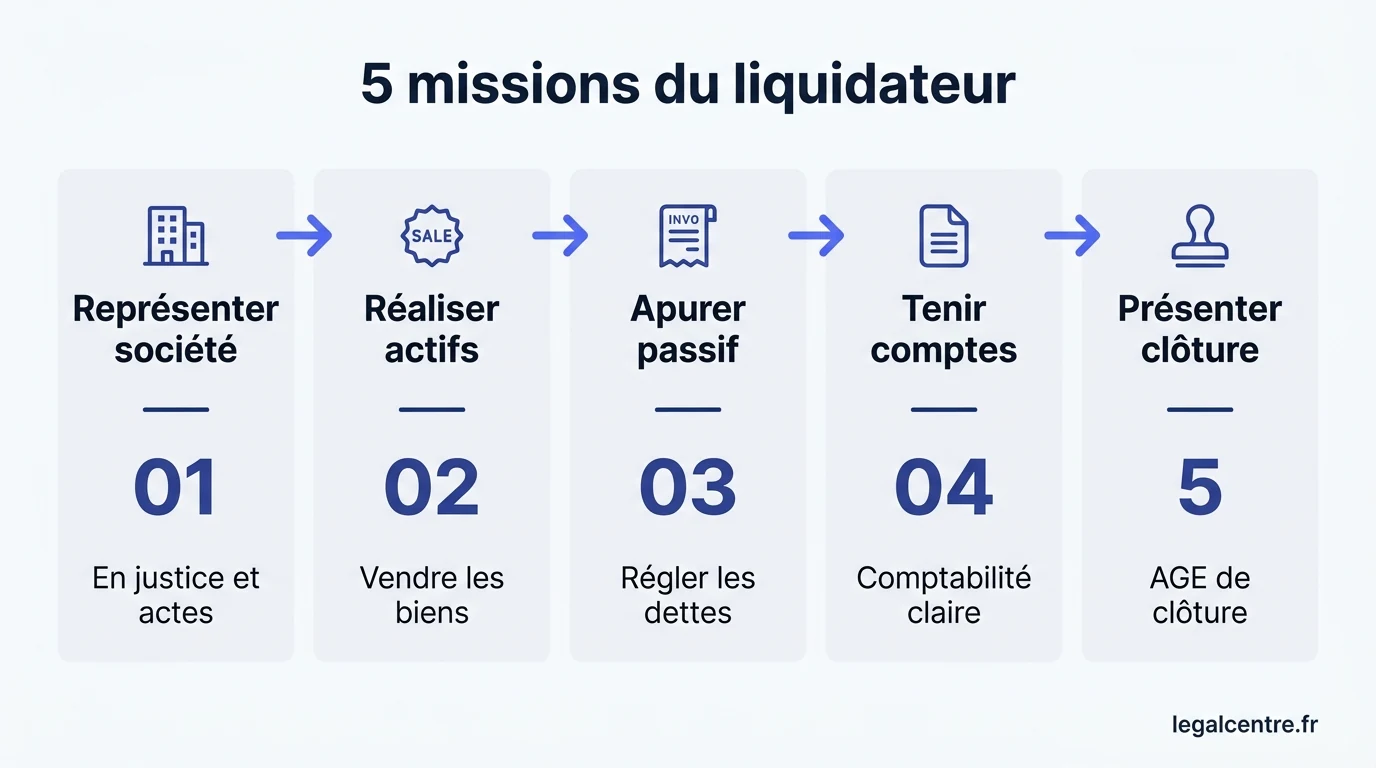 Infographie : 5 missions du liquidateur — Nommer son Liquidateur à Paris : Profils, Missions, Responsa