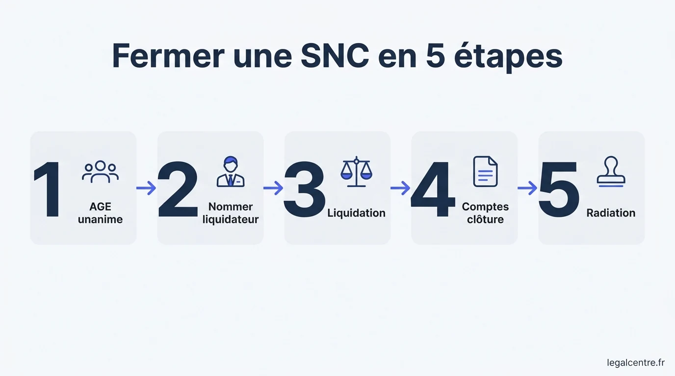 Infographie : Fermer une SNC en 5 étapes — Fermer une SNC parisienne : trois spécificités à anticiper